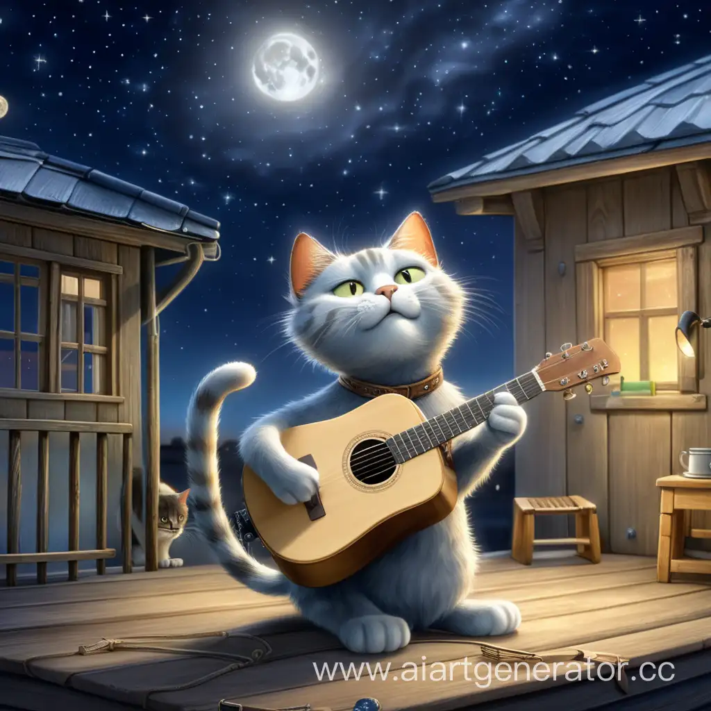 Кот в виде человека поет, на небе ночь, консервы рядом, написано "Melekessky"