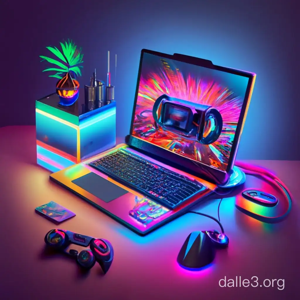 Laptop super design métallique realistic sur un bureau de verre avec des lumière led multicolore, et un chaise gamer. 