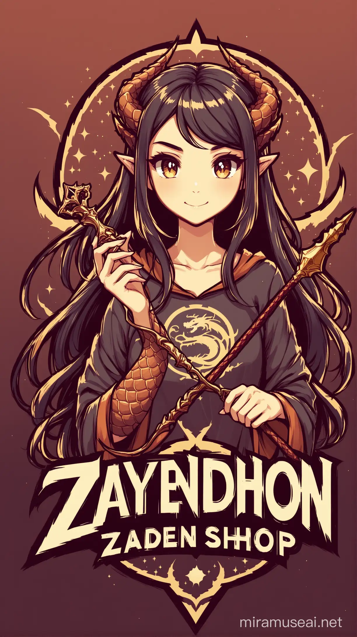 Magical Girl Holding Wand with Dragon Background ZaydenShop Logo Design