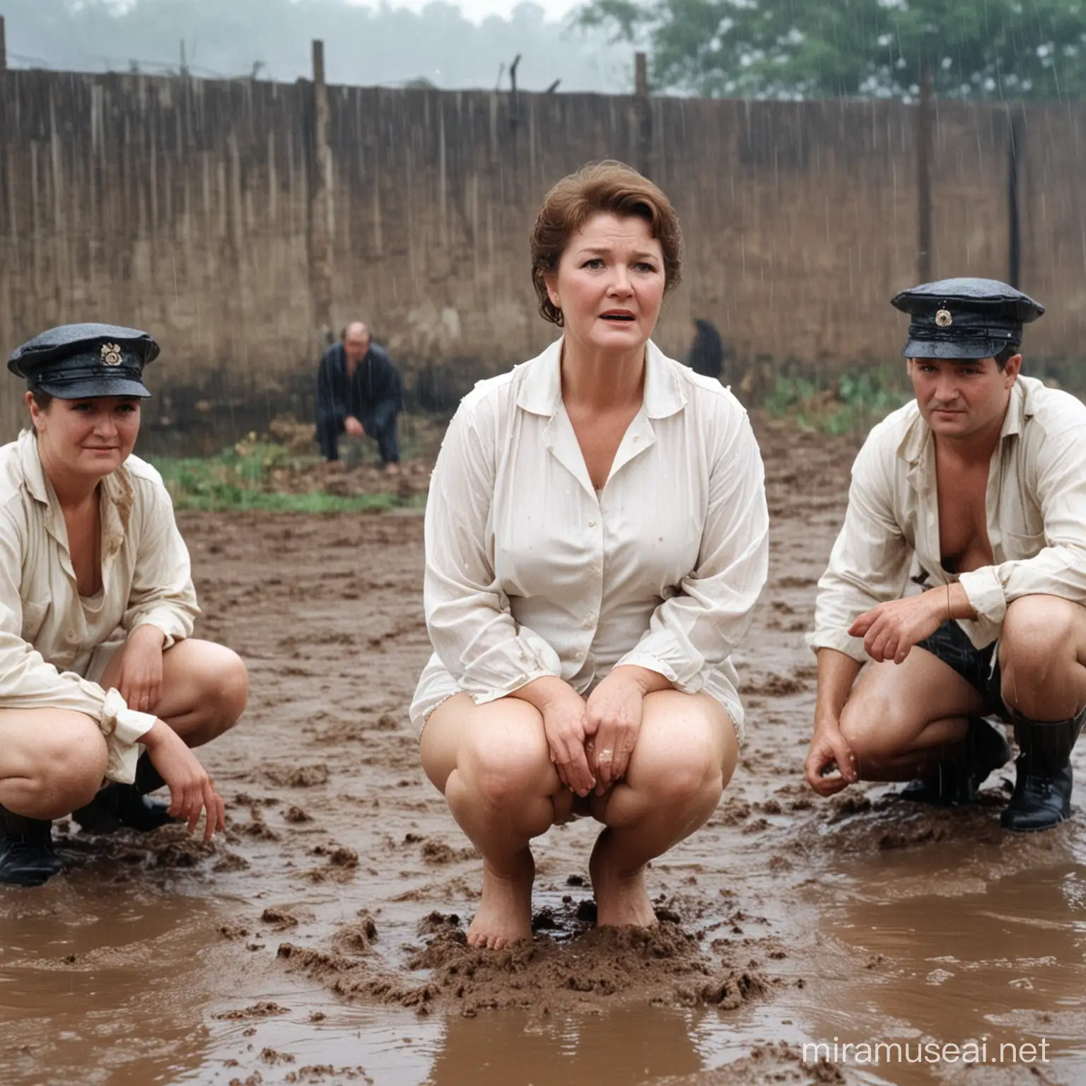 A colour photo of Patricia Routledge, wearing wet lacy white panties, squatting in a muddy prison camp in the rain, watched by guards.