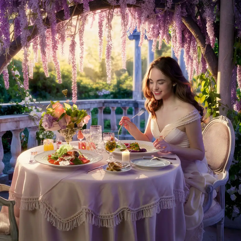 Elegant Girl Enjoying Al Fresco Lunch amidst Blooming Lilacs