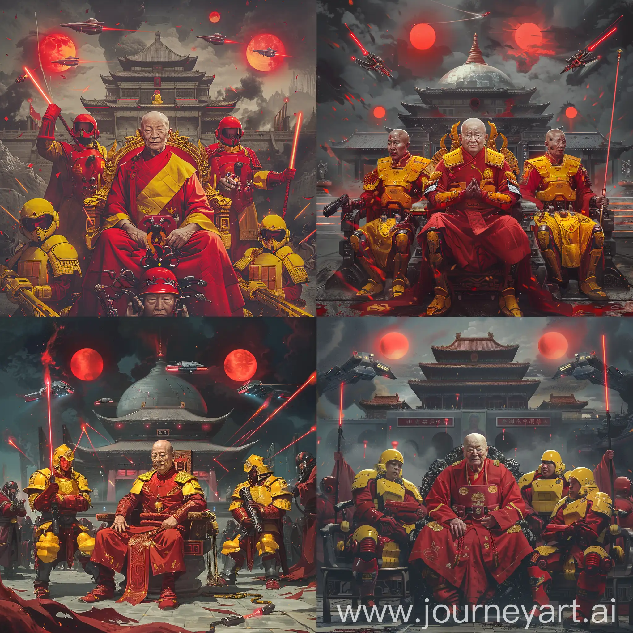 in the middle, a middle-aged Chinese Buddhist monk senior, he is kind and elegant, in red and yellow Chinese Buddhist style space marine armor, sits on his lotus royal throne,

medieval Chinese Buddhist  cyborgs monk soldiers in yellow red armor are next to the senior, they hold laser spears,

a futuristic steel gray Chinese Buddhist temple is in the background,

three red suns in the dark sky, with Chinese Buddhist style Spaceships in the sky,