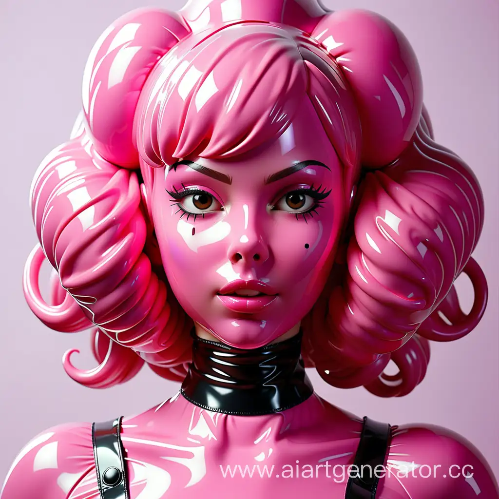 Латексная девушка с розовой глянцевой блестящей латексной кожей с черным латексным лицом с надувными волосами