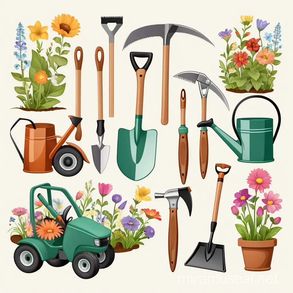 Gardener Tools with Floral Elements Vibrant Vector Illustration