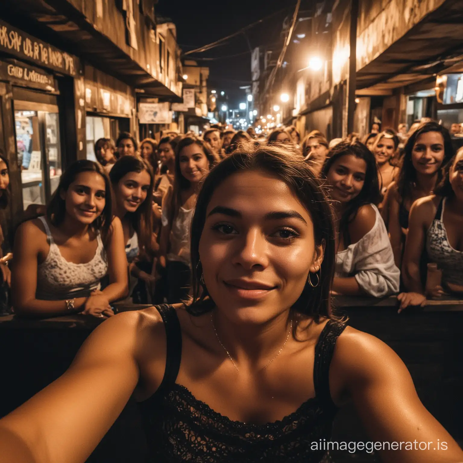 a woman living in a favela in RIO takes a selfie in a dark bar in the favela surrounded by other young women from the favela
