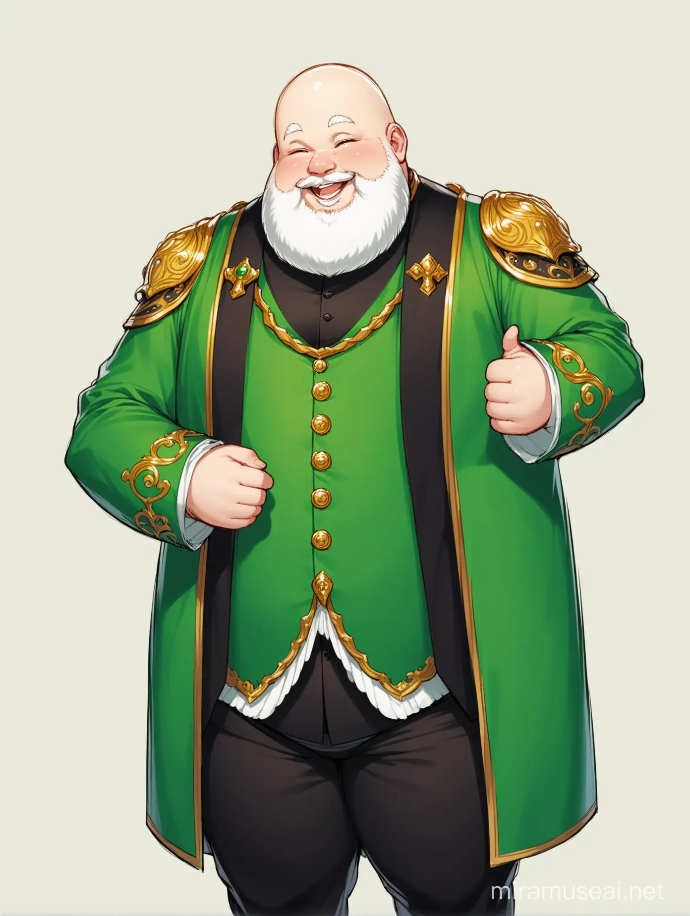 A chubby man with no hair and a white beard, he is wearing a green and black fantasy nobleman suit. he looks jolly 