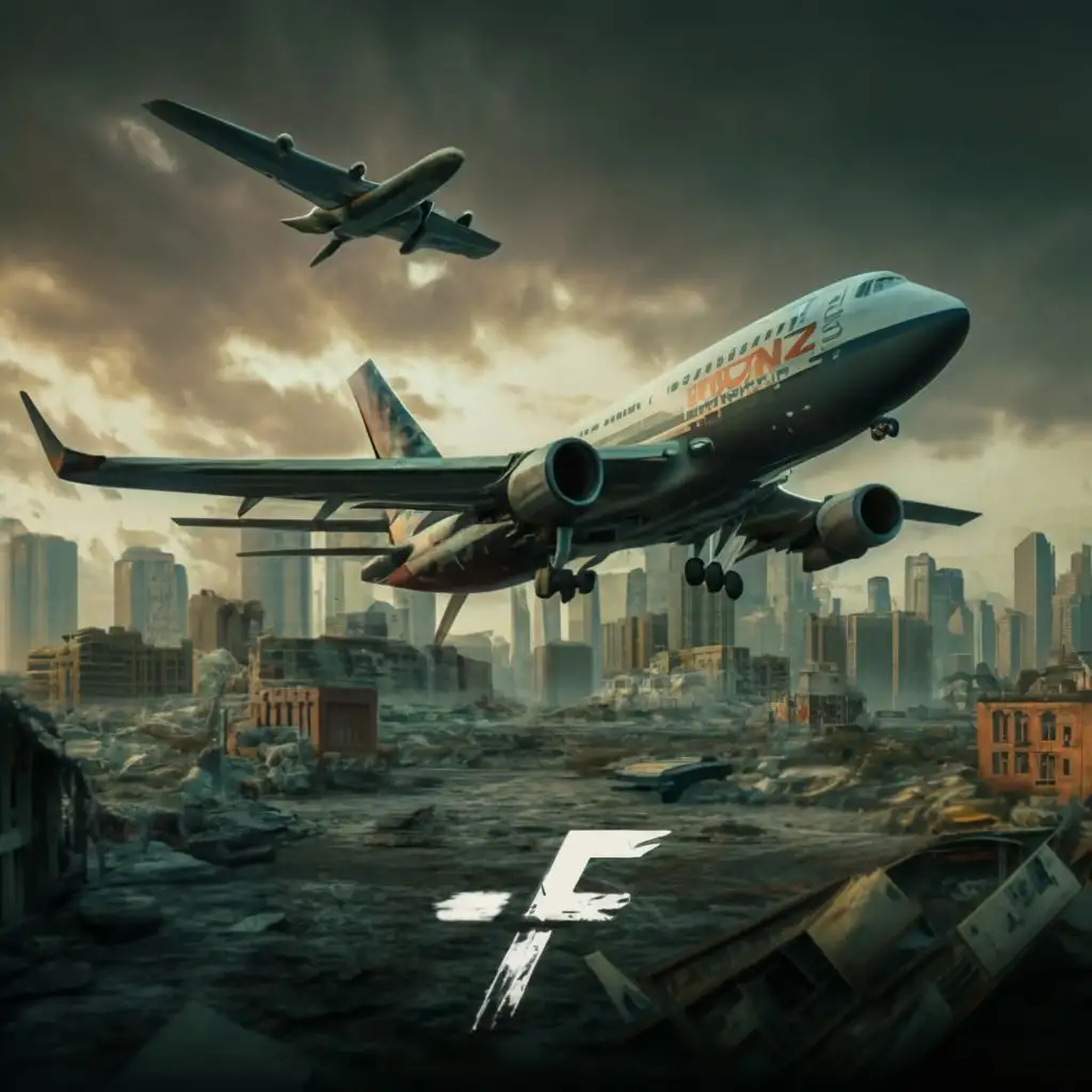 logo, A realistic high definition high quality high resolution very detailed destroyed and abandoned dystopian city landscape with a very realistic and incredibly detailed commercial Boeing 747 travel plane flying in the air, with the text "-f-", typography