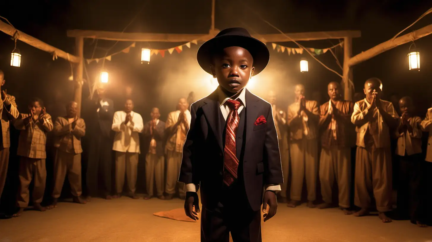 The village hall is lit with a mix of sunlight and lanterns, symbolizing the transformation within the village. Baby Ananse,Dressed as an American gangster surrounded by enlightened villagers, is bathed in a warm and hopeful light.