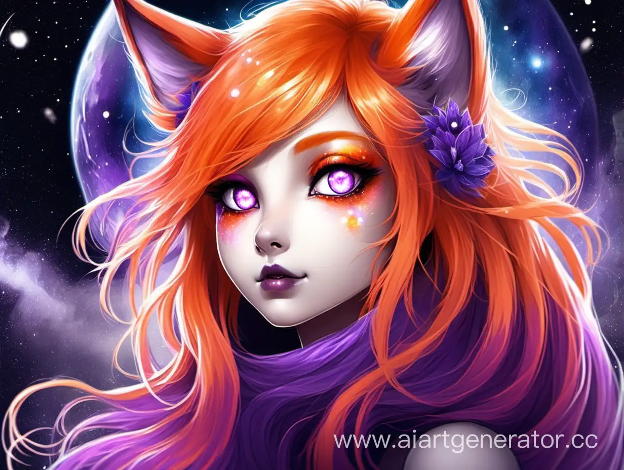 девушка лиса с оранжевыми волосами и фиолетовыми глазами как галактика