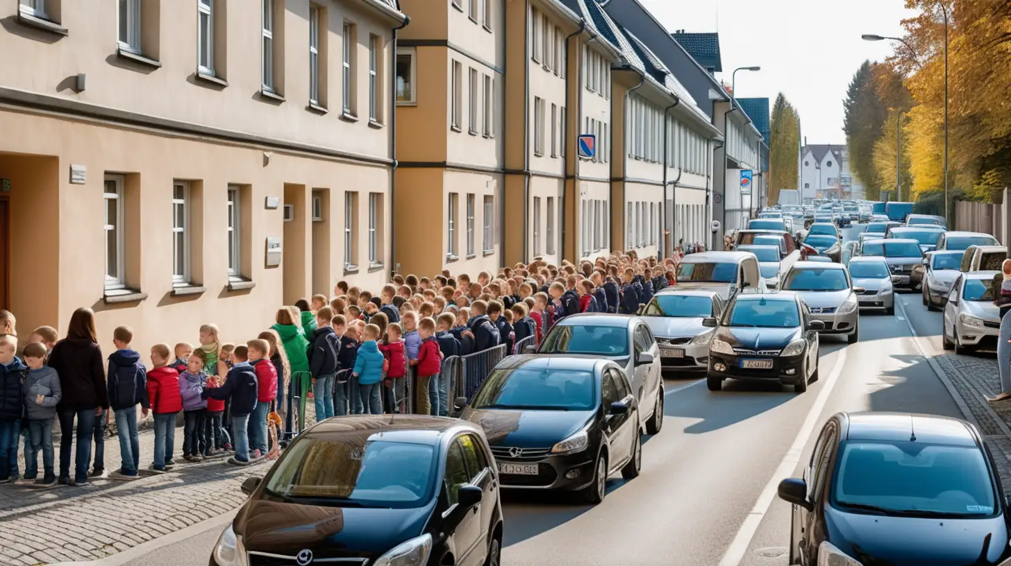 narrow inner-city street in front of school in Germany, heavy traffic, parents bring their children to school by car, traffic chaos,
traffic jam, danger, confusing situation, traffic obstruction, hectic