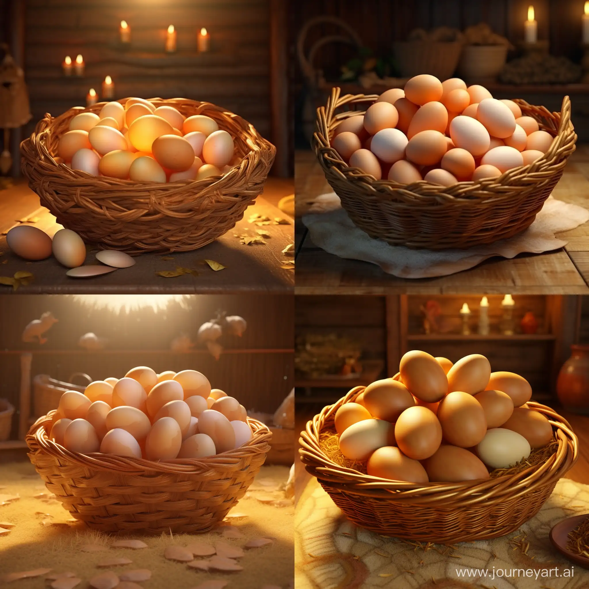 A beautiful basket of chicken eggs. 3D animation 