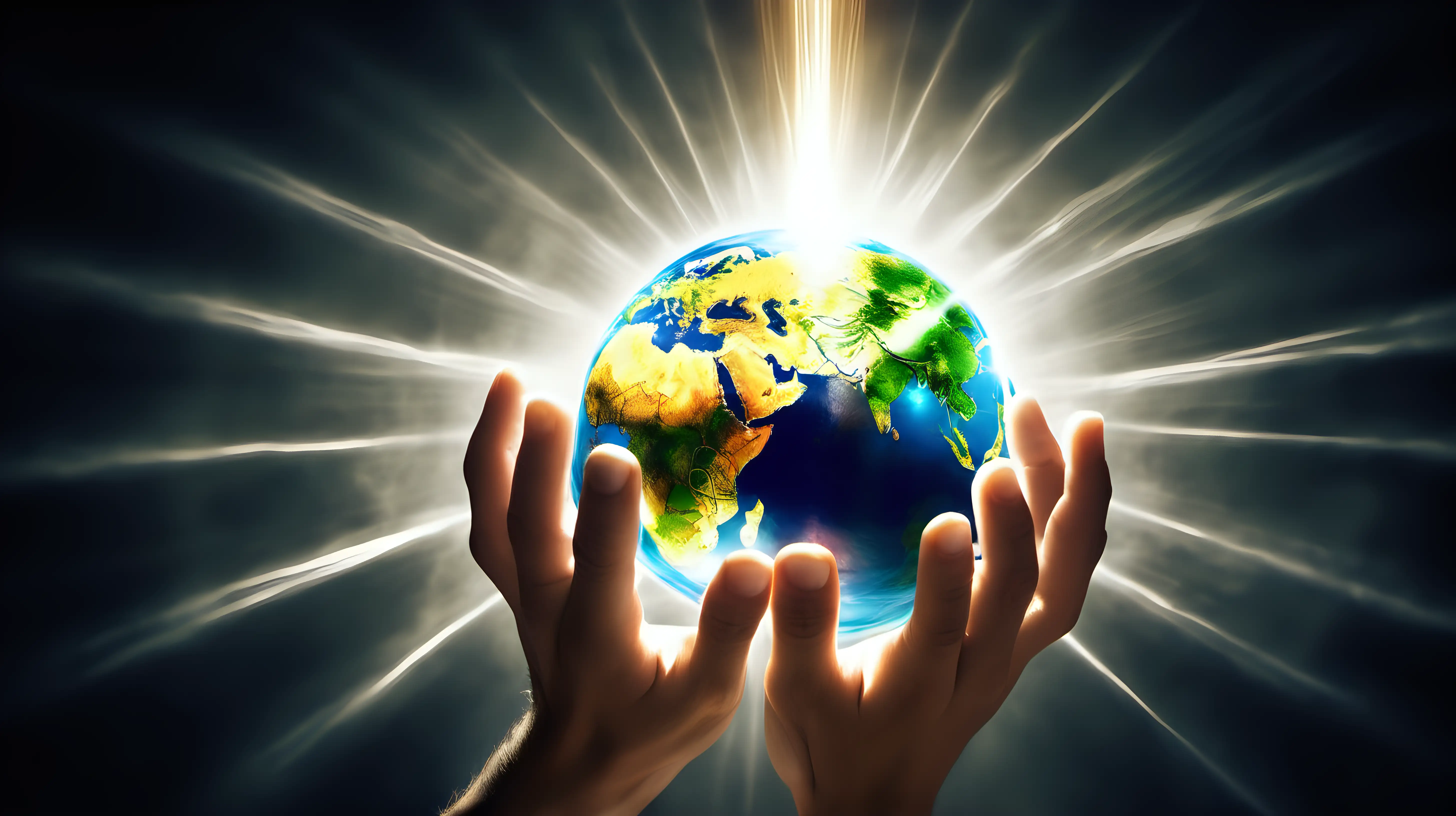 A dramatic image of hands releasing a world sphere with beams of light extending outward, signifying positive global impact.