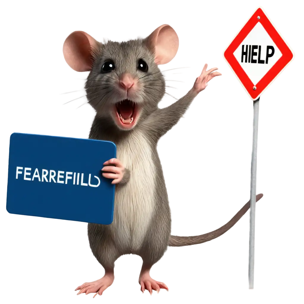 terrifying fearful mouse with help roadsign
