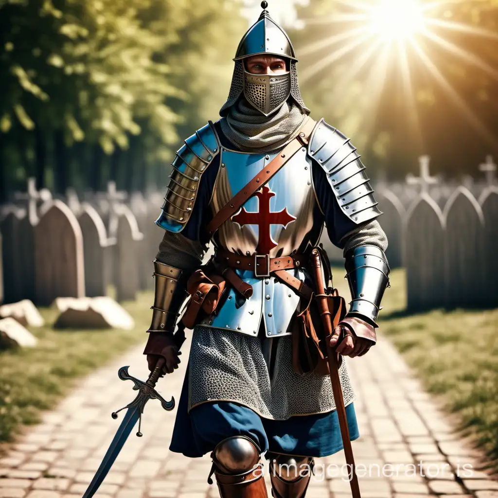 medieval christian soldier going to fight against sinful and degenerate modern society, realistic, sunny day