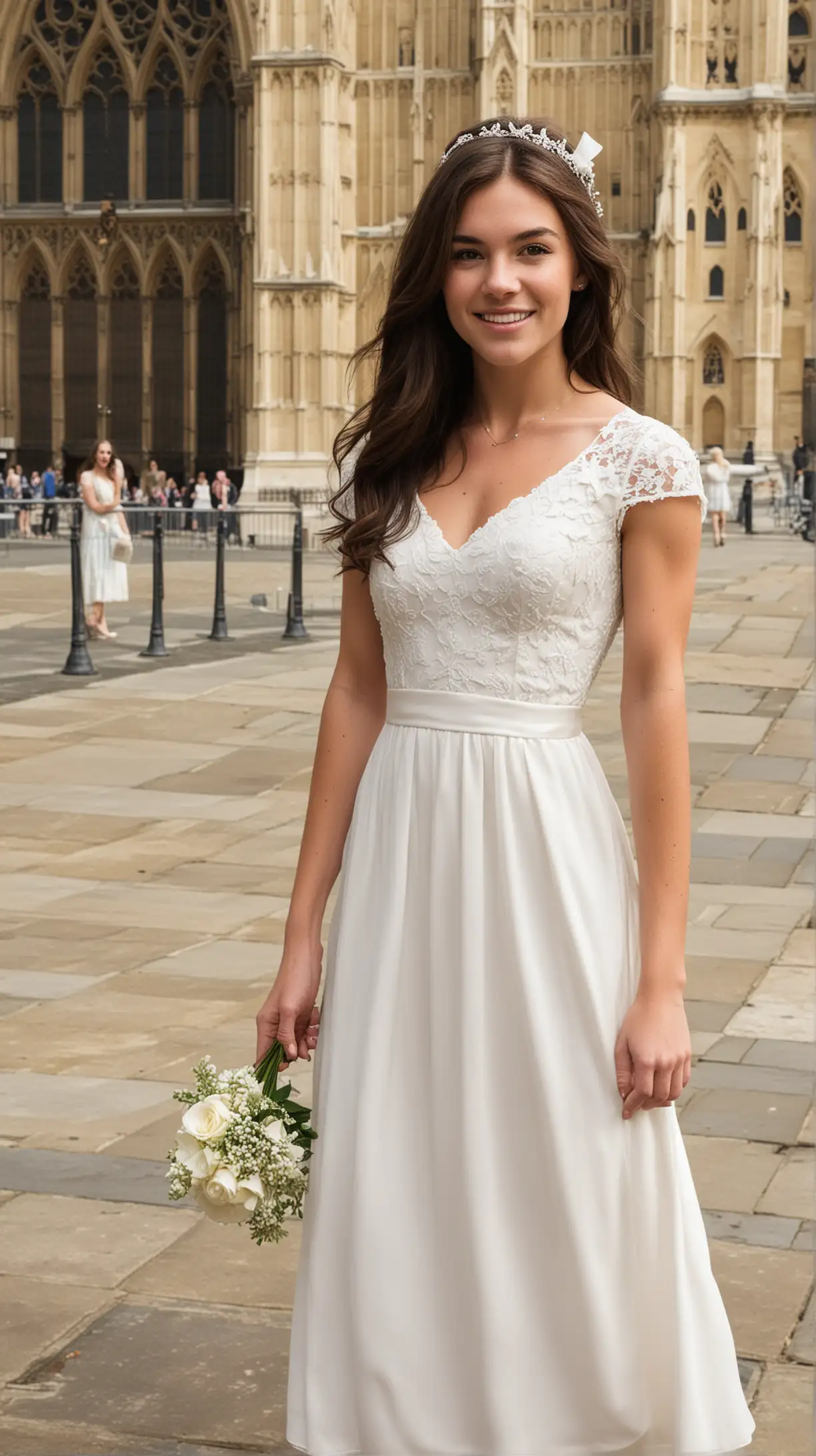 Teenage Jordan Claire Robbins with long, dark, brunette hair wearing off-white, long, cap-sleeve bridesmaid dress at Westminster Abbey
