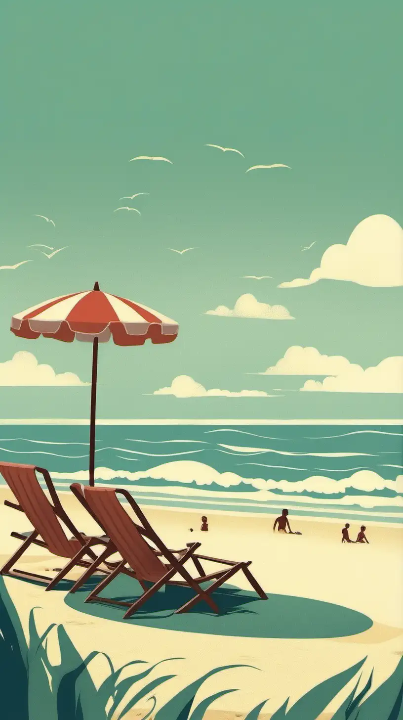 I want to create a beach scene overlooking the ocean with people playing on the sand and in the water. Throughout the scene there should be beach chairs, towels, umbrellas, and beach toys. This should fit a portrait orientation book.
