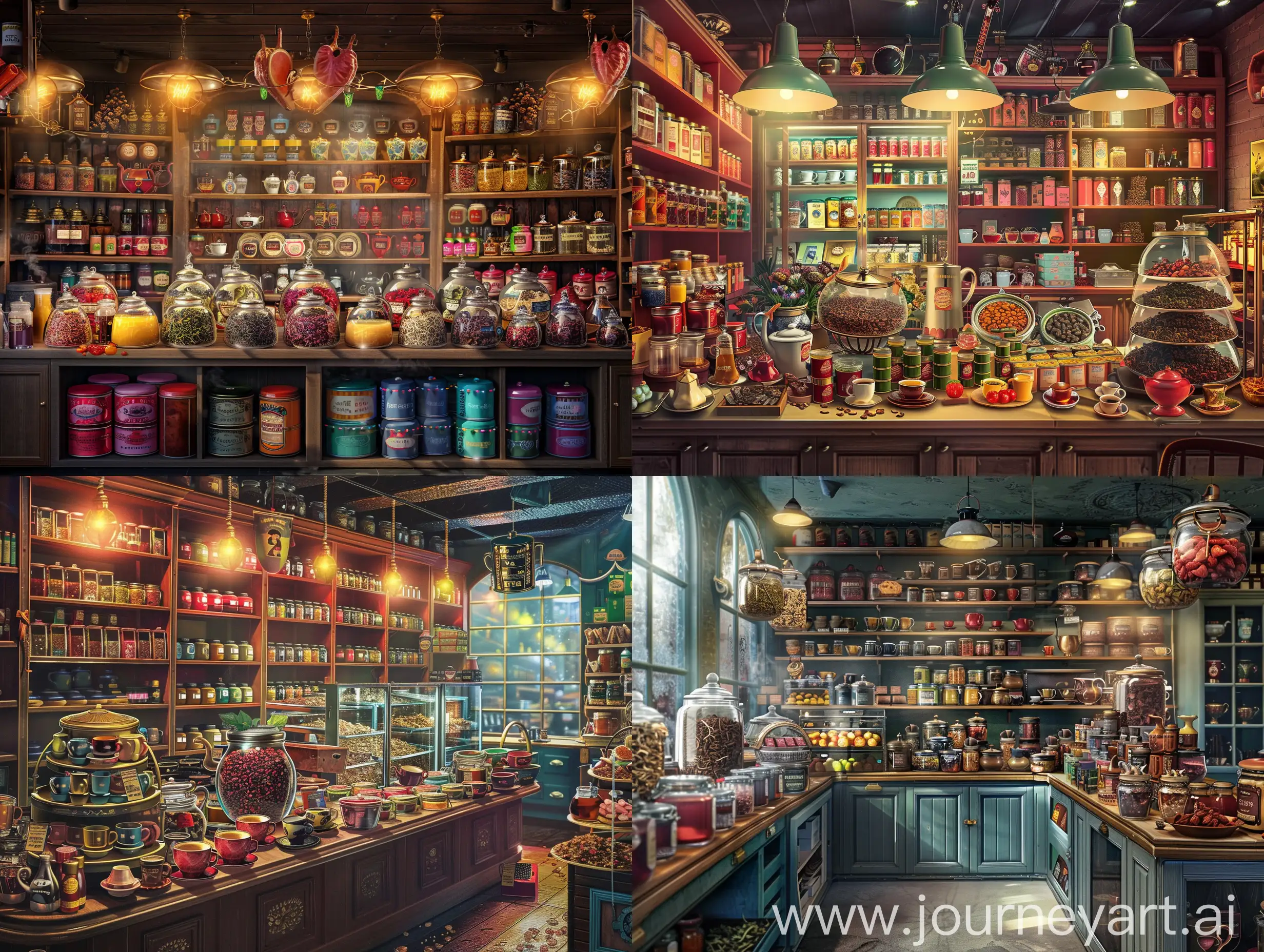 A realistic depiction of a tea shop with a magical atmosphere traveling through time, depicting teas in vast quantities, flavors and scents, (medium: photorealistic digital painting) (style: inspired by album cover art and concert posters from different eras)(lighting: stage lighting creating a warm  , intimate, discreet atmosphere)(colors: rich and vivid, reflecting a magical mood)(composition: photos taken with a 24 mm wide-angle lens, capturing shelves, counters, tea cans and numerous accessories, coffees, chocolates, jars of juices, candied fruits)