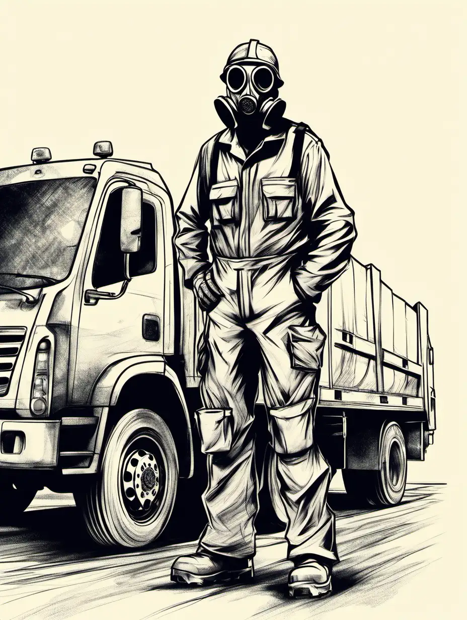 Garbage man with gas mask standing next to truck sketch