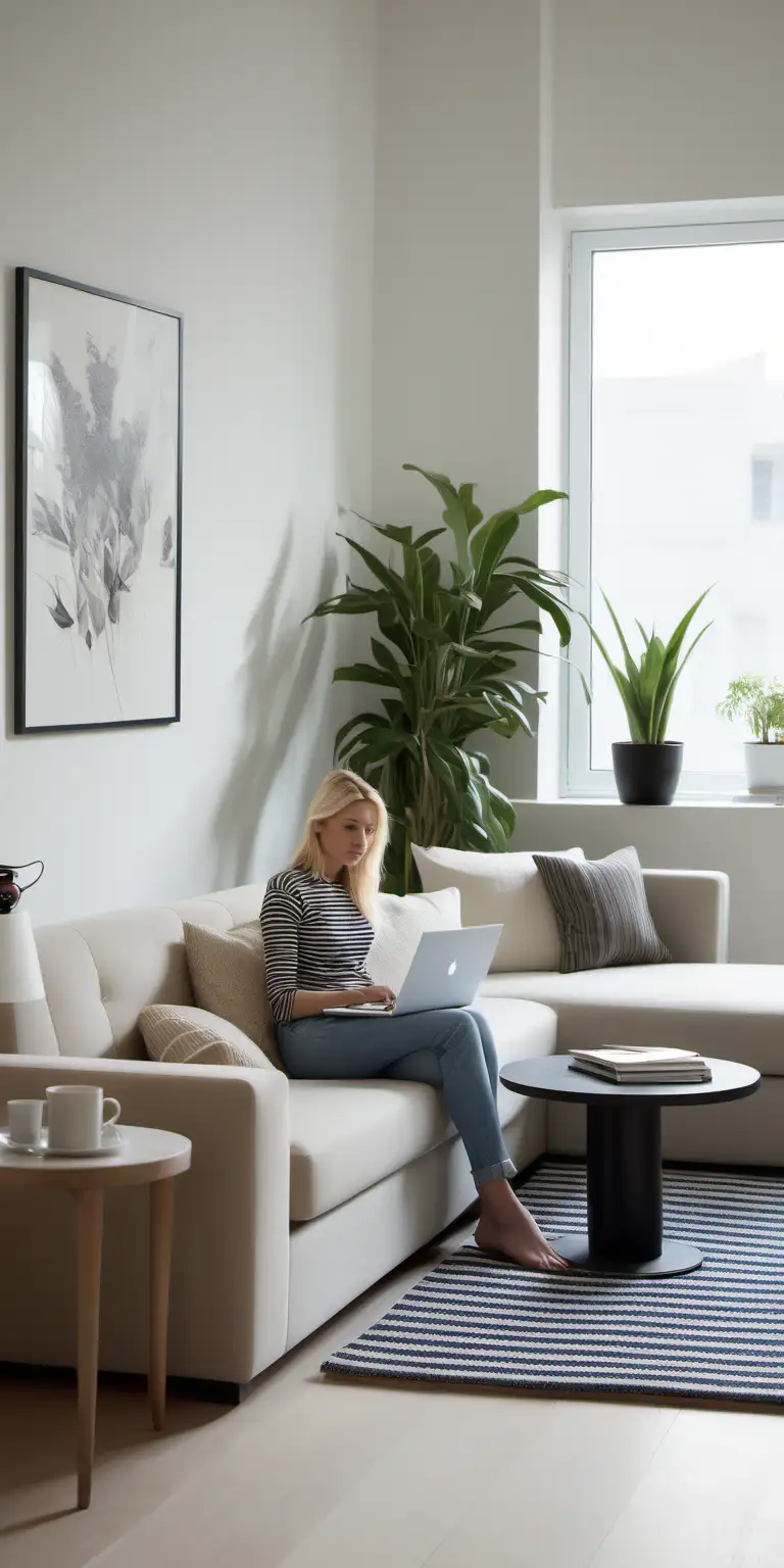Modern Living Room with Blonde Woman Engrossed in Laptop Work