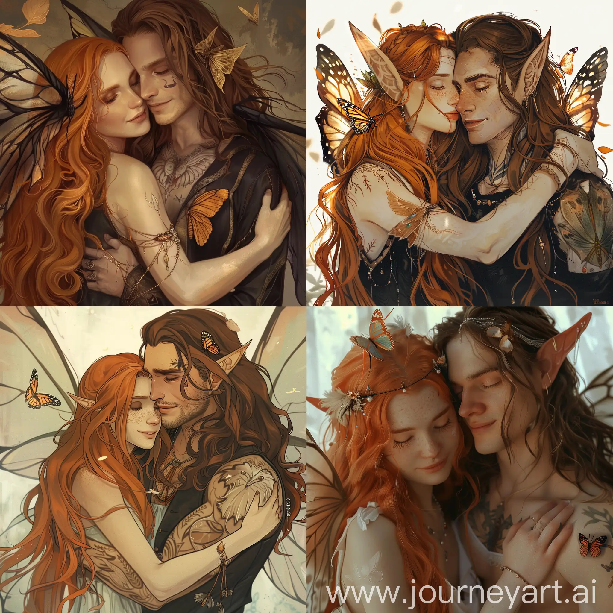 A man and a woman are hugging. The woman has simurg wings and has long ginger hair. The man has long brown hair and a butterfly tattoo on his chest. 