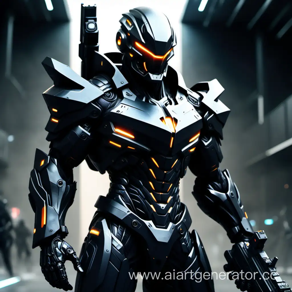 чёрный костюм с силовым полем и мощной бронёй и футуристичным автоматом