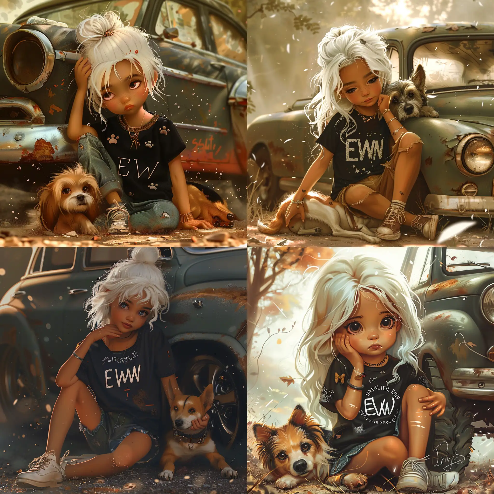 a cute little girl with white hair and a black shirt with the insription "EWW" sit on the ground and leans against an old car and cuddles with a dog,surreal background, in the style of Nathalie Shau, particles, ultra realistic, bohemian fashion, high detail, sharp focus,