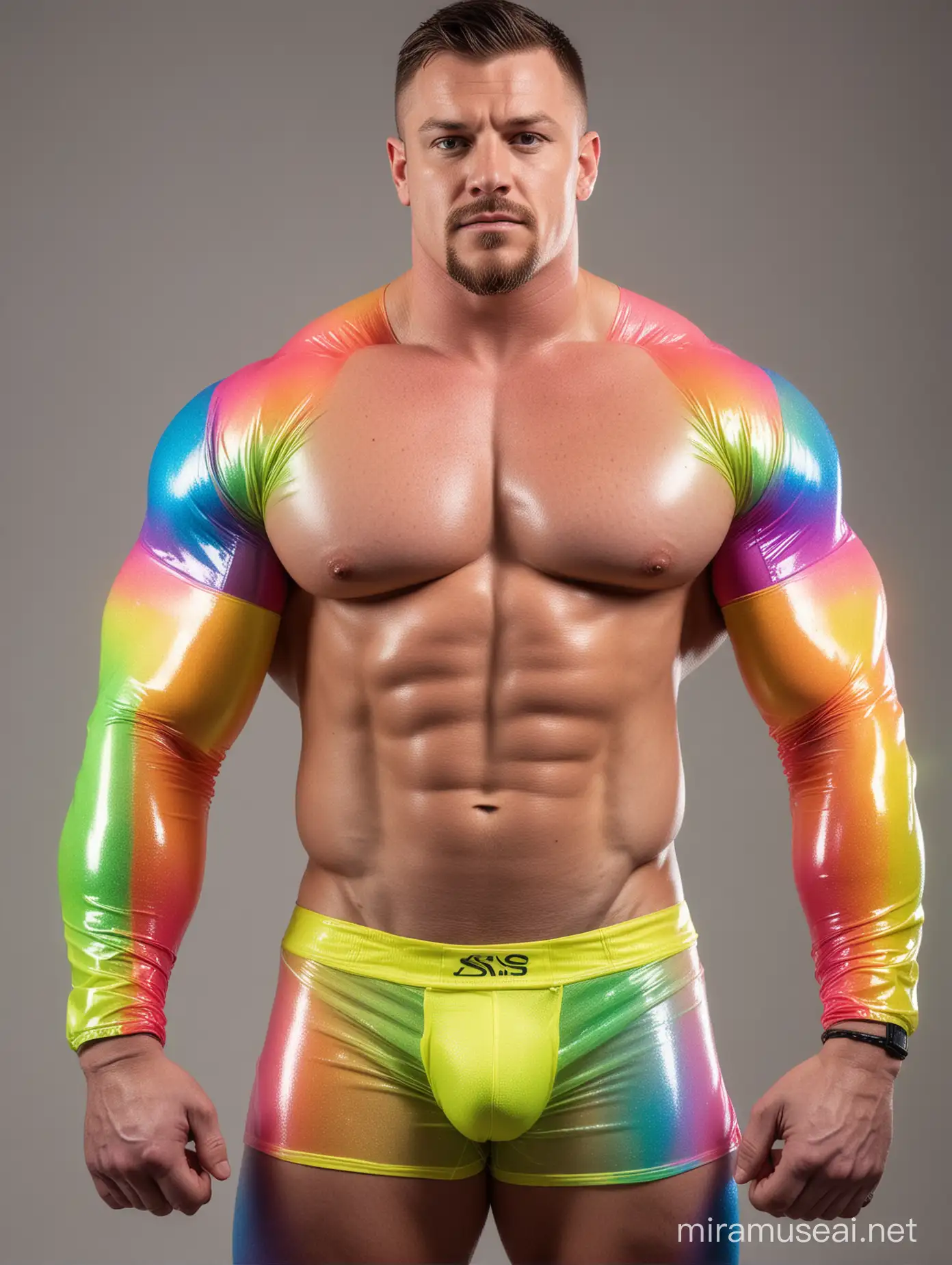 Close Up Full View of Topless 30s Ultra Muscular World's Strongest Man holding Huge Bright Rainbow Coloured Heavy Weights wearing Multi-Highlighter Bright Coloured See Through Jacket and Flexing Big Strong Arm