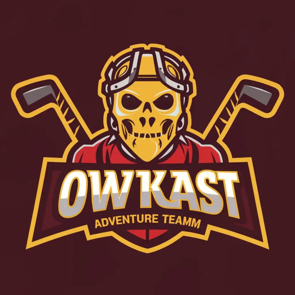 a logo design,with the text "OwtKast", main symbol:cosplayer, yellow skull hockey mask, Adventure team, hockey jersey, maroon and gold,Moderate,be used in Entertainment industry,clear background