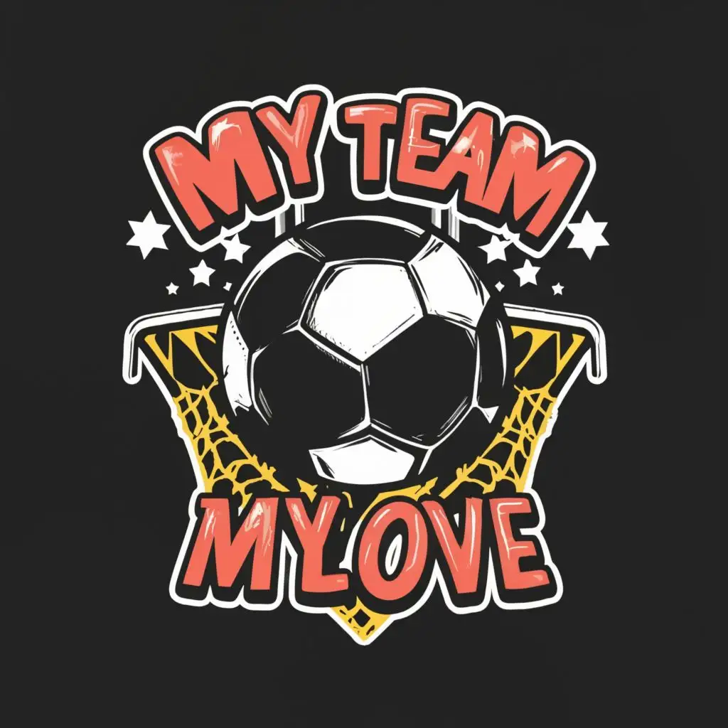 logo, just build soccer ball kissing a world cup trophy beind net, with the text "My Team My Love", typography, be used in Sports Fitness industry