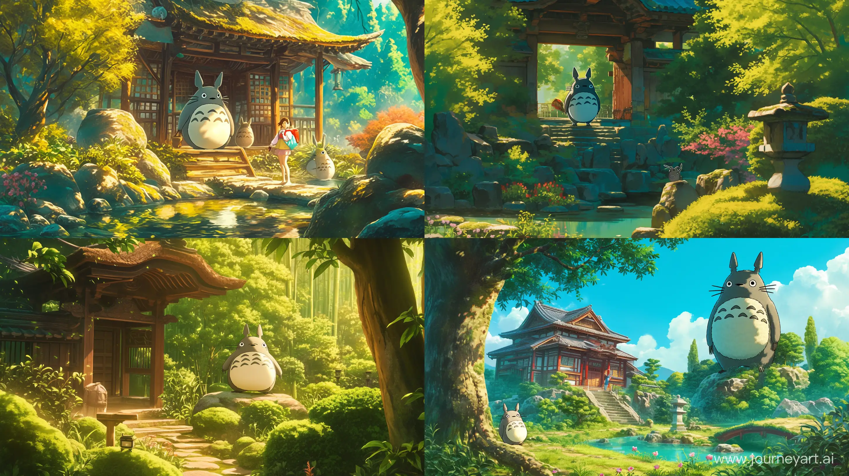 Totoro guiding through an ancient Japanese temple garden --ar 16:9 --niji 6