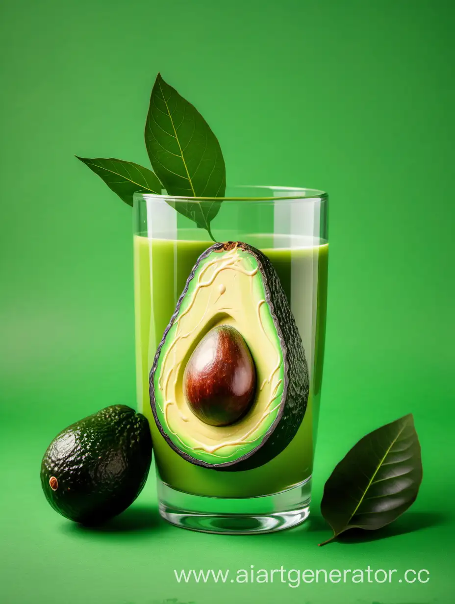 Fresh-Avocado-Juice-in-Glass-with-Vibrant-Green-Leaves-on-Background