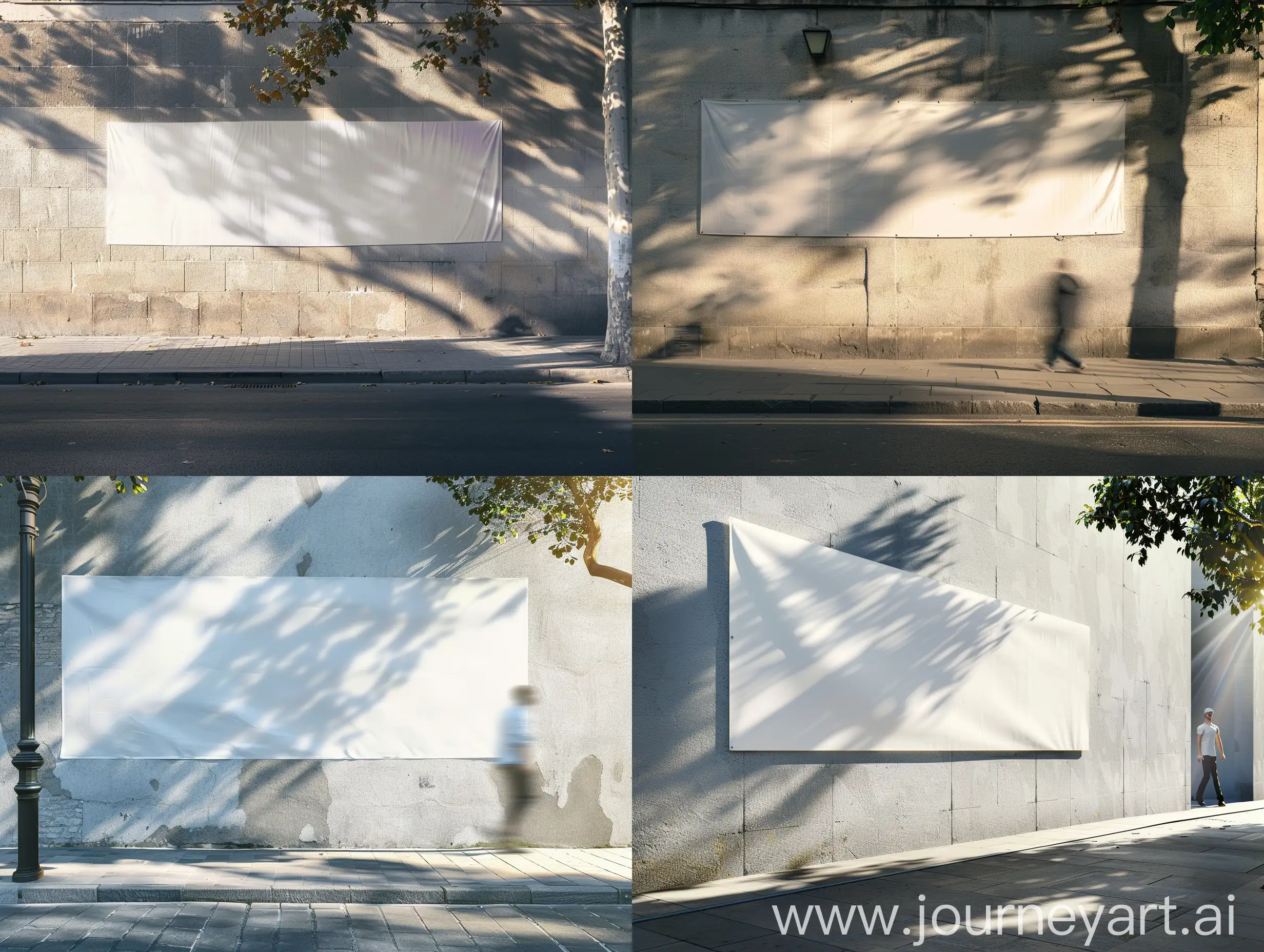 White banner on a grey plaster wall with sunlight and a shadow on it,  a sidewalk and a tree in the corner of the picture, a man walking pass by, long exposure, highly detailed, high quality