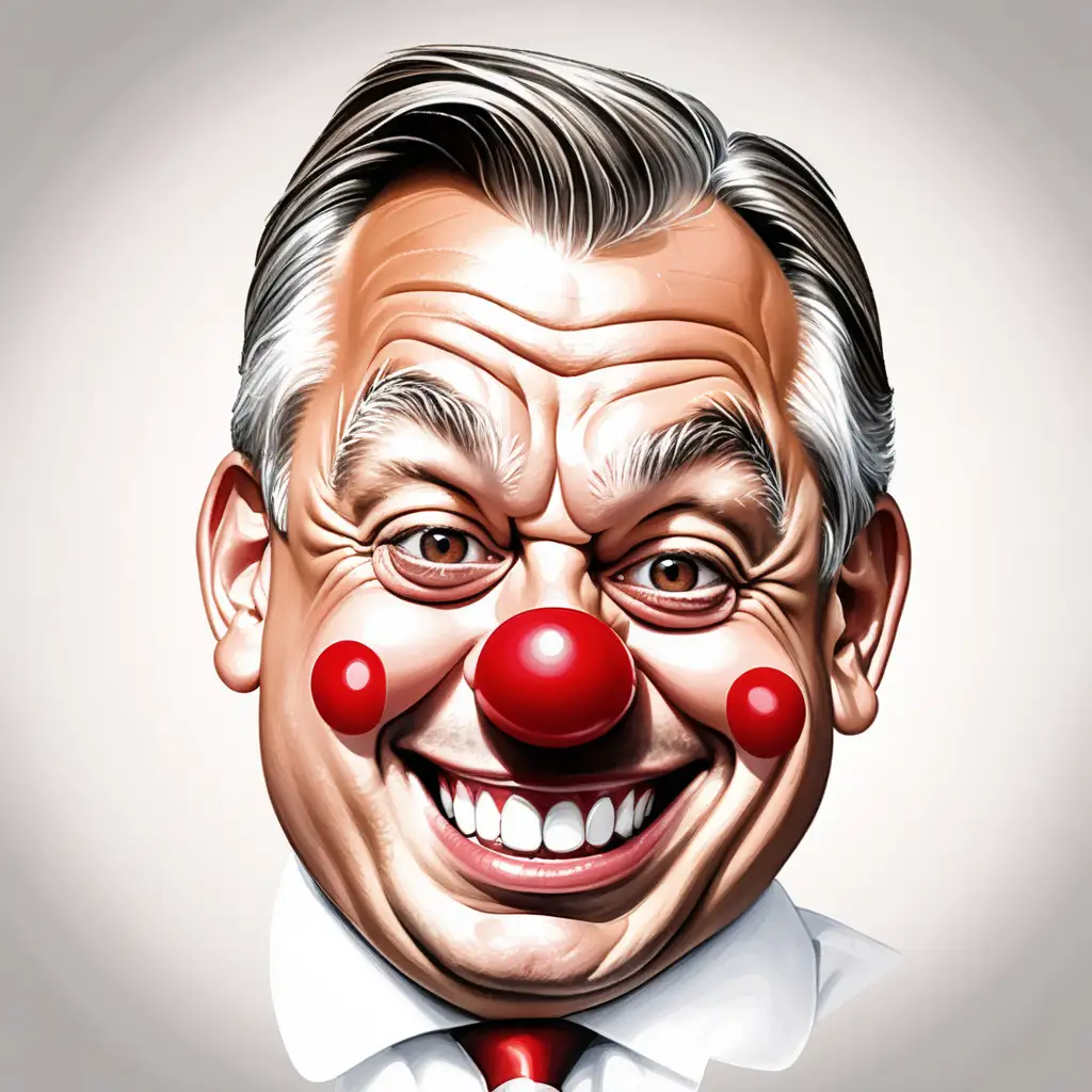 Viktor Orbn Caricature Joyful Laughter with Clown Face Paint and Red Nose