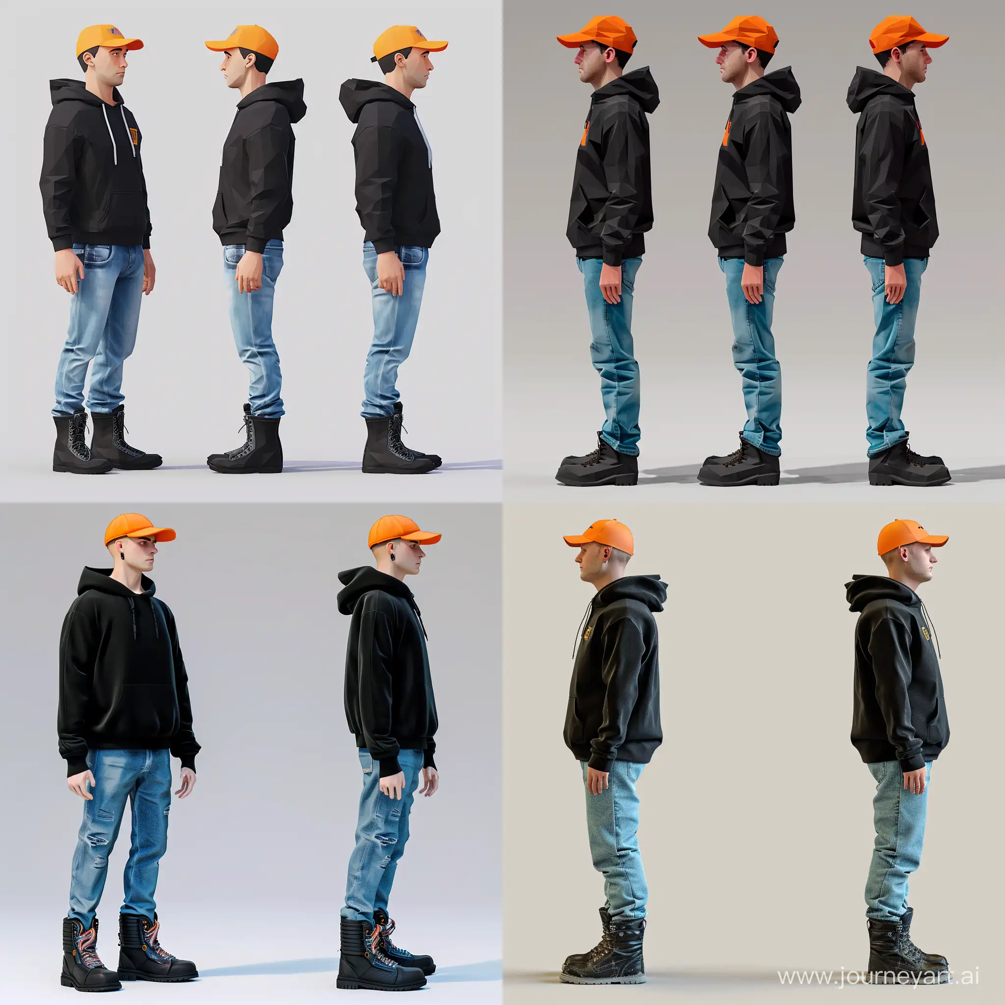 sample T-pose(for game) in left side(only lef side!) lowpoly human mam model, in black hoodie, blue jeans, black boots, orange cap.
