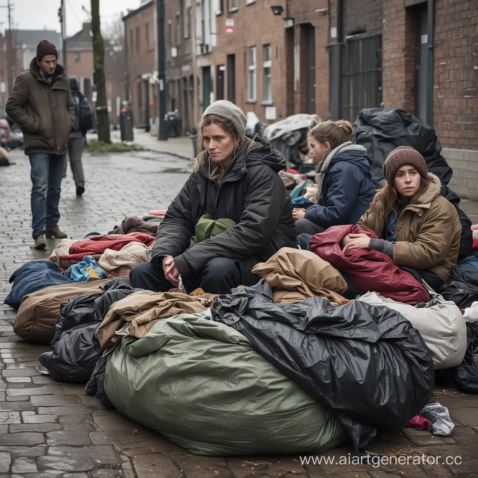 Urban-Homelessness-Despairing-Adults-and-Children-Sit-Among-Belongings