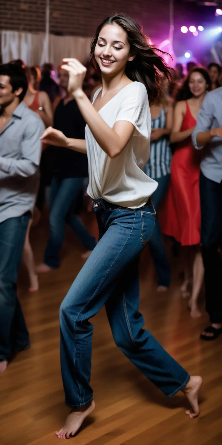 Die 25-jährige Frau, die auf der Party tanzt, trägt eine lässige Jeans, die sich geschmeidig um ihre Beine schmiegt und ihr eine entspannte Eleganz verleiht. Dazu kombiniert sie ein langes Oberteil, das ihre Figur umspielt und ihr genug Bewegungsfreiheit bietet, um sich frei auf der Tanzfläche zu bewegen.

Ihre dunkelblonden Haare fallen locker über ihre Schultern und bewegen sich im Takt der Musik mit, während sie sich durch die Menge bewegt. Ihr lässiger Stil und ihre lockere Ausstrahlung verleihen ihrer Erscheinung eine gewisse Natürlichkeit und Anmut.

Barfuß auf dem Tanzparkett zu tanzen, zeigt ihre ungezwungene Natur und ihren Wunsch, sich frei und unbeschwert zu fühlen, während sie den Moment in vollen Zügen genießt. Ihr Stil strahlt Jugendlichkeit und Lässigkeit aus, während sie sich voller Begeisterung dem Rhythmus der Musik hingibt und das Leben in all seinen Facetten zelebriert.