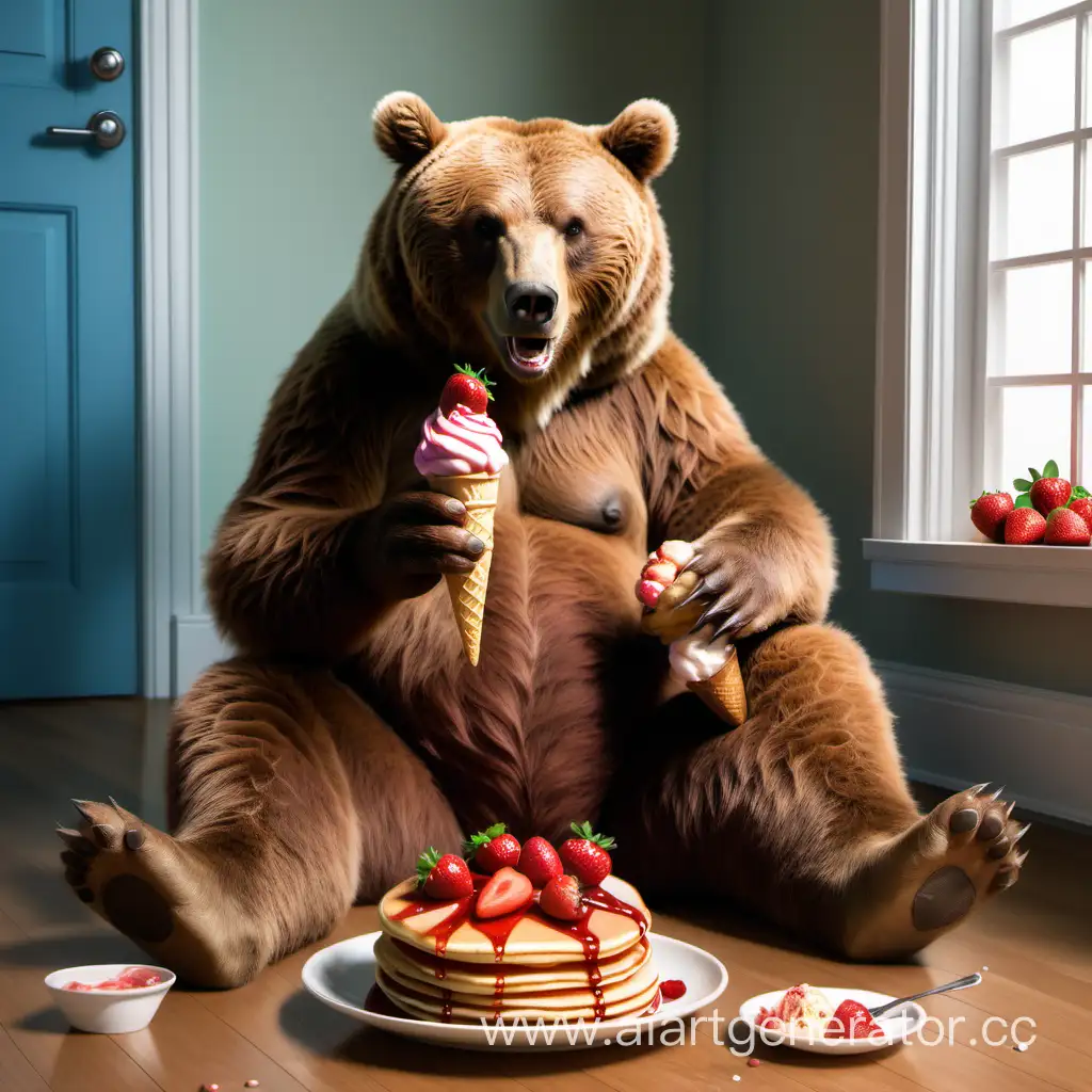 Brown-Bear-Enjoying-Strawberry-Ice-Cream-Cone-with-Pancakes