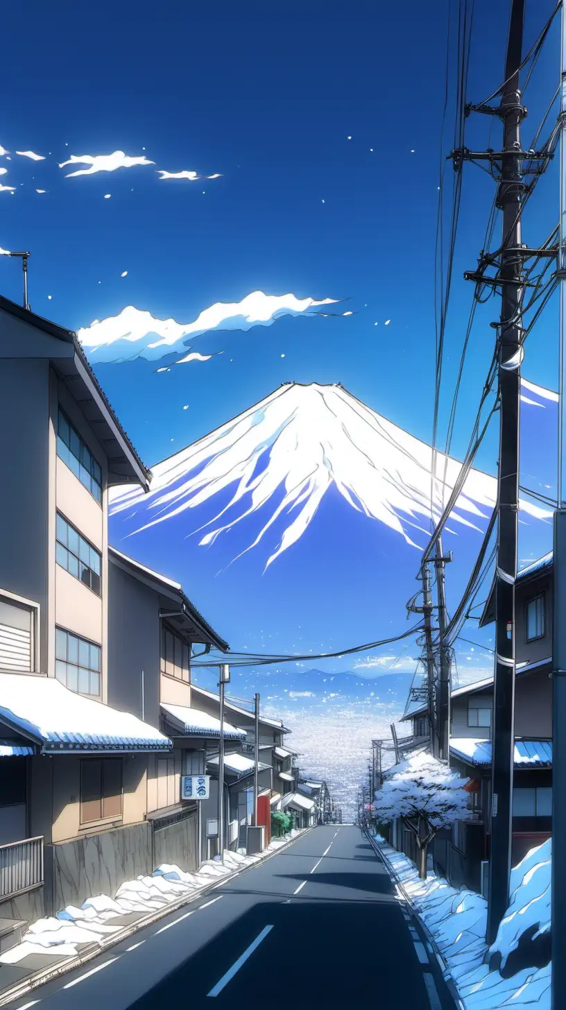 Photo shot of mount fuji with snow from street of  shizuoka fuji tadehara town,  anime, makoto shinkai style, ghibli style, wire and pole,  2D, HD, beautiful sky, trending pixiv fanbox,  very detailed, acrylic palette color, 