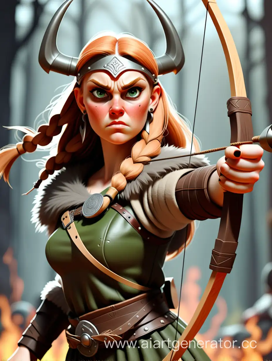 Create an image of a strong and fearless Viking woman dressed in traditional Viking attire, wielding a bow and arrow in the style of Robin Hood
