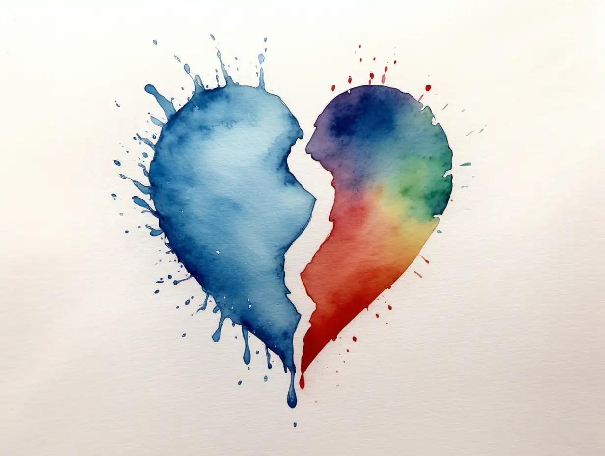 a water colour half heart on the right side the other half on left  
