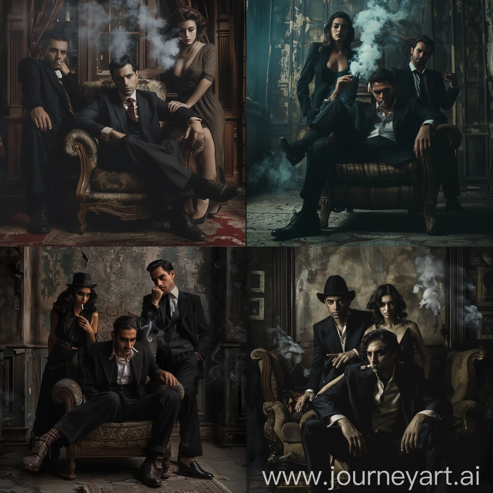 3 people of Italian appearance, mafiosi came to the old mansion of the 20th century to Don, sitting on an armchair and smoking a cigarette.