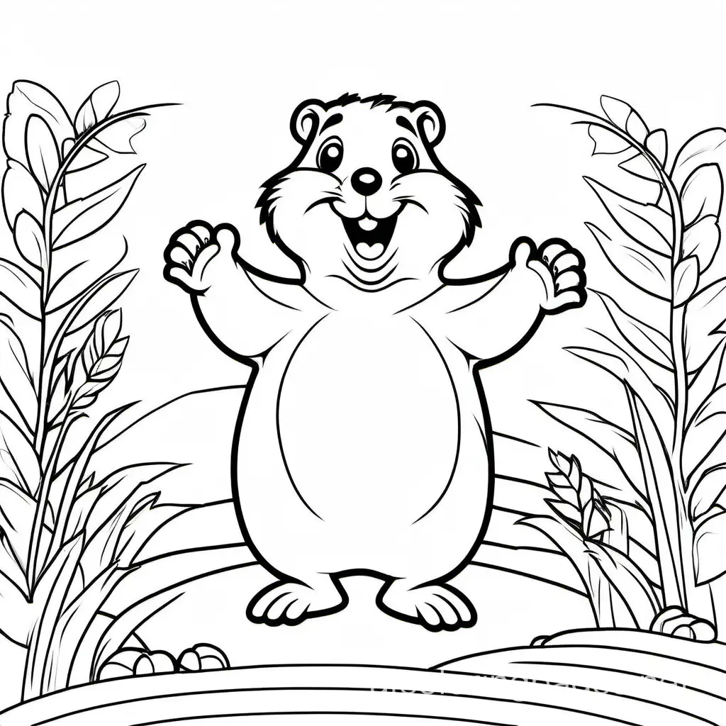 Depict a happy groundhog celebrating no shadow., Coloring Page, black and white, line art, white background, Simplicity, Ample White Space. The background of the coloring page is plain white to make it easy for young children to color within the lines. The outlines of all the subjects are easy to distinguish, making it simple for kids to color without too much difficulty