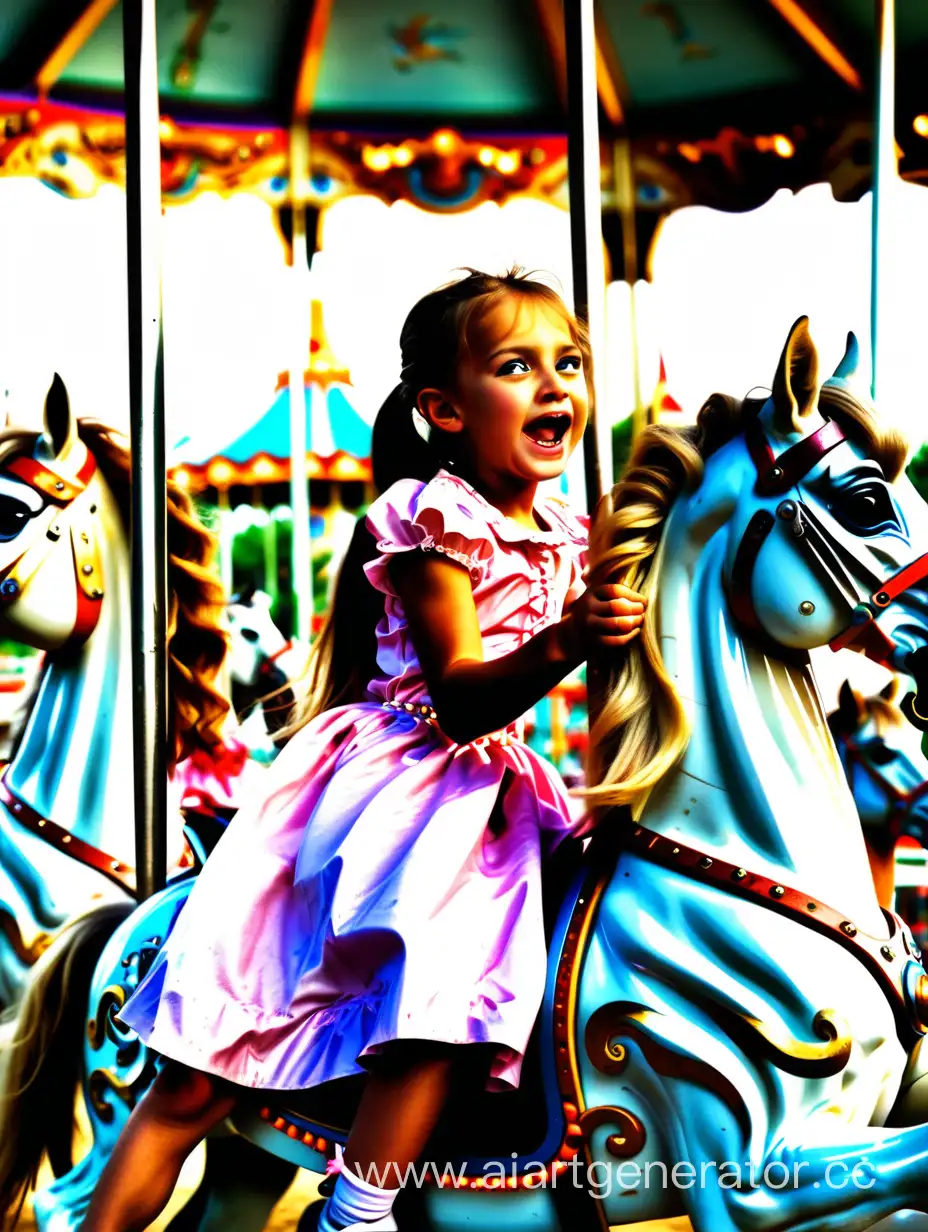 Девочки сидят в лошадках, лошадки прикреплены к карусели, лошадки поднимают вверх и вниз  лошадки, на них дети сидят, по принципу американских горок. 