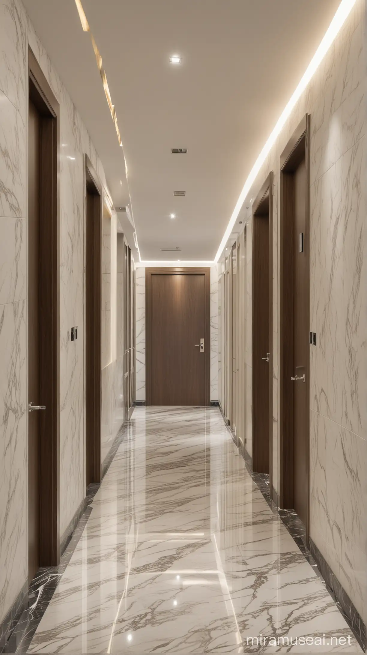 corridor , walls panels with design,including doors,marble floor ,modern ceiling