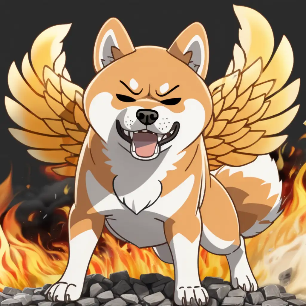 Can you create a angry looking Shiba Inu that is getting up like a phoenix out of ashes