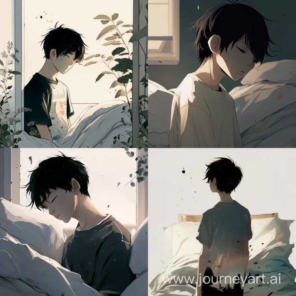 everything can be seen at a distance of 2 meters from an ordinary boy who is 180 cm tall, Asian, his face is not visible, but his features are well visible, his hair covers his eyes, black desert, black hair, he sleeps in a white t-shirt, he is spread out in bed, turned to the left side, the hand is under the desert, in the dark without light in the room, sleeping, the blanket is black, the blanket is covered to the waist of the body
