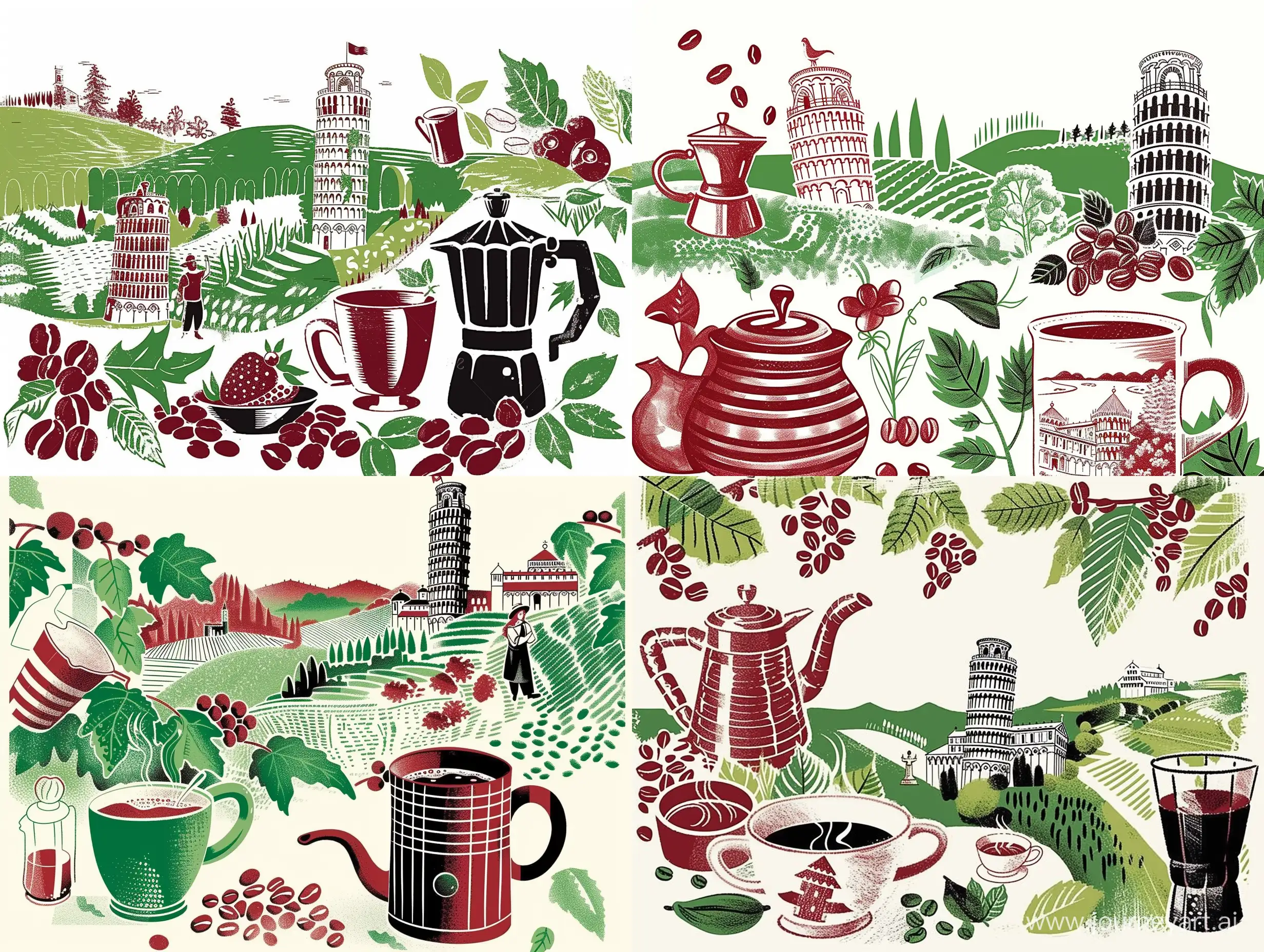 Иллюстрация в стиле авангард кофе, чашка кофе, кружка кофе, зерна кофе, символы Италии, Кофейник, чашка кофе, пизанская башня, природа Италии в красном, зеленом и белом цветах, сверху иллюстрации белое однотонное пустое поле - sref https://i.pinimg.com/564x/6b/94/d1/6b94d172e0e340504c4207171d194e1f.jpg
