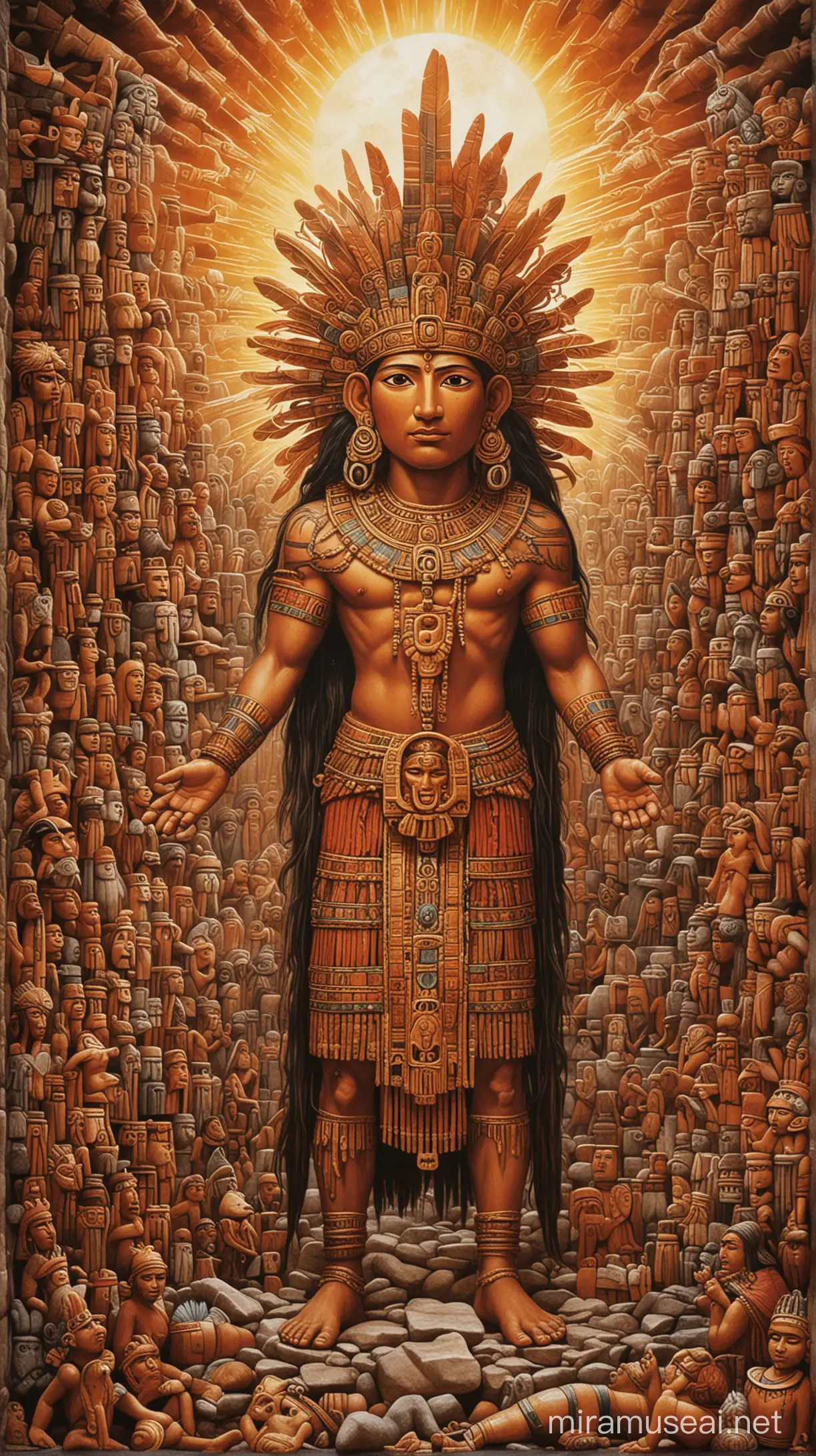 A symbolic image of the Inca god Inti, the sun god, depicted as a powerful and demanding deity, surrounded by offerings and sacrifices.
