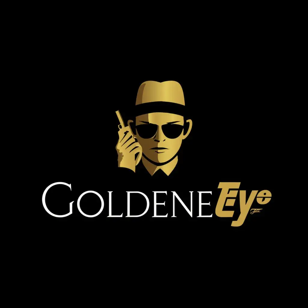 a logo design,with the text 'GOLDENEYE', main symbol:Now, spy, man in costume,Minimalistic,clear background