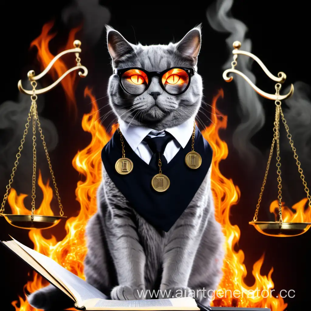 Серый кот в очках с черными линзами. Вокруг него кодексы и весы правосудия. Позади пылает огонь 
